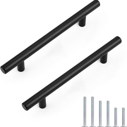 5 Pack Flat Black Cabinet Pulls – 5 Inch Hole Centers, Stainless Steel Handles