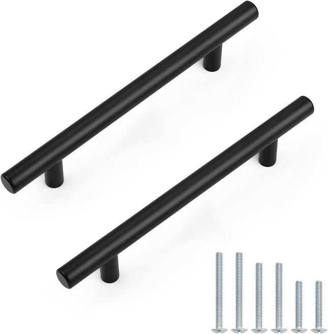 5 Pack Flat Black Cabinet Pulls – 5 Inch Hole Centers, Stainless Steel Handles
