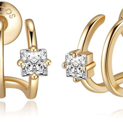 14K Gold Plated Illusion Stud & Triple Huggie Hoop Earrings for Women – Hypoallergenic