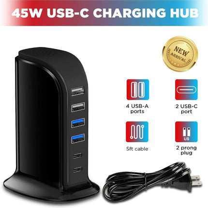 45W USB C Charger Block – 6 Port Charging Station for iPhone iPad iWatch & More