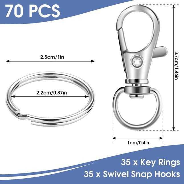 70PCS Swivel Lobster Claw Clasps Keychain Hooks & Key Rings Silver Set