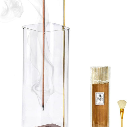 Wooden Incense Holder with Glass Ash Catcher – 20 Sticks & Brush Included