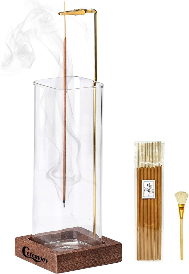 Wooden Incense Holder with Glass Ash Catcher – 20 Sticks & Brush Included