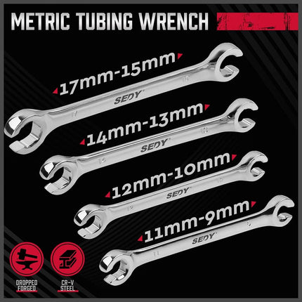 4-Piece Flare Nut Wrench Set, 9-17mm Metric Offset Spanners, CR-V Steel with Pouch