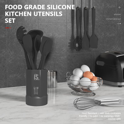 Silicone Kitchen Utensil Set Gray BPA Free Dishwasher Safe Spatula Tongs Spoon Tools