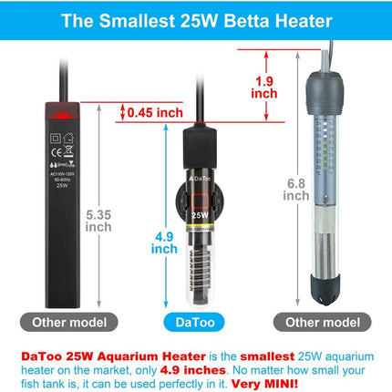 DaToo Mini Aquarium Heater 25W for 1-5 Gallon Fish Tanks with Free Thermometer Sticker