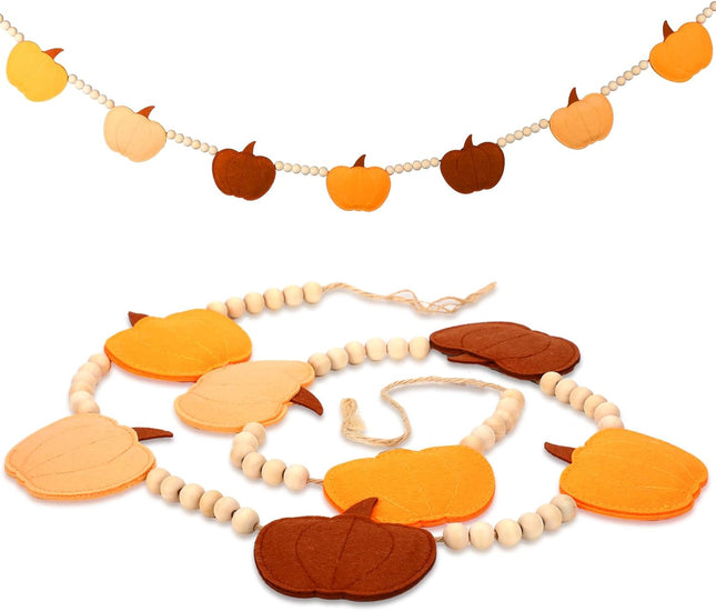 Capoda Thanksgiving Pumpkin Garland – 4ft Felt Banner with Wood Beads for Fall Decor