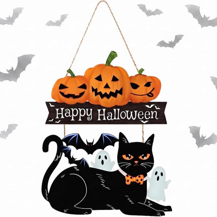 Halloween Ghost Wood Door Sign, Spooky Wreath with Black Cat & Pumpkin Decor