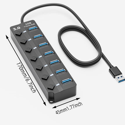 7 Port USB 3.0 Hub with 3FT Cable LED Switches for Laptop PC PS4 PS5