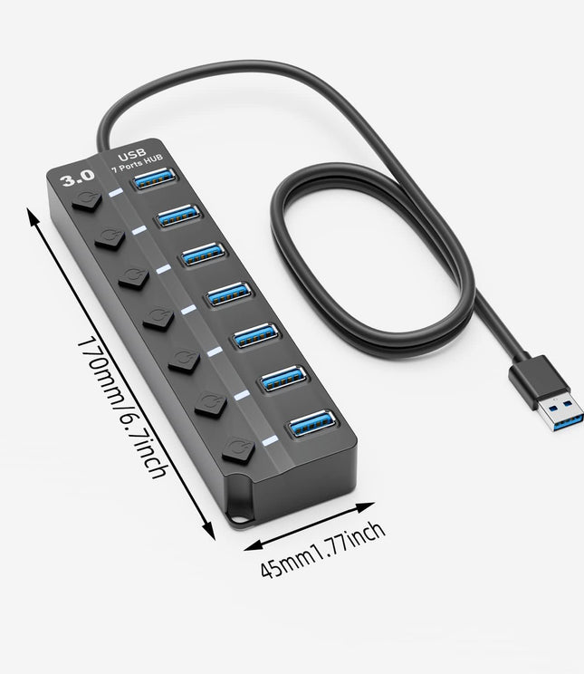 7 Port USB 3.0 Hub with 3FT Cable LED Switches for Laptop PC PS4 PS5