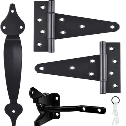 Gate Hardware Set, 6" T Strap Hinges, 10" Handle & Self-Locking Latch