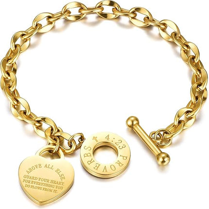 Heart Charm Bracelet Women Bible Verse 18K Gold Plated Stainless Steel