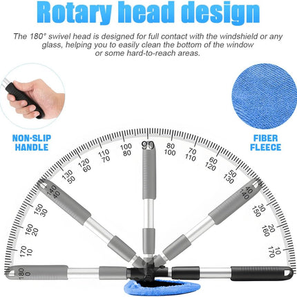 Extendable Car Windshield Cleaning Tool 180° Rotating Head Microfiber Pads Blue