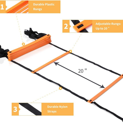 20ft Agility Ladder and Cones Set with 12 Adjustable Rungs, 4 Metal Pegs and Carry Bag