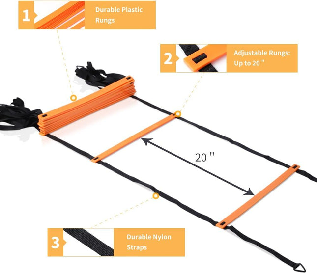 20ft Agility Ladder and Cones Set with 12 Adjustable Rungs, 4 Metal Pegs and Carry Bag