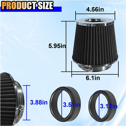 Universal Clamp-On Air Intake Filter, 76/89/102mm High Flow Washable Cone Filter