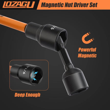 16-Pcs Long Magnetic Nut Driver Set – SAE & Metric, 6" Hex Shank, Cr-V Steel