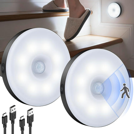 Motion Sensor Night Lights 2 Pack, LED Puck Lights, 3 Modes, Dimmable, Stick-On