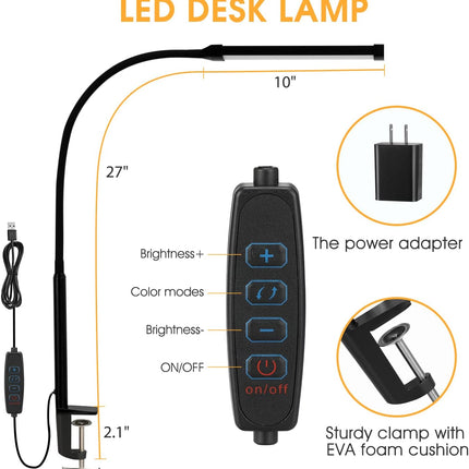LED Desk Lamp with Clamp 3 Light Modes Flexible Gooseneck USB Powered
