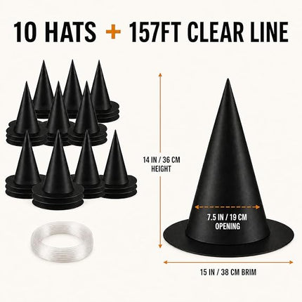10-Piece Hanging Witch Hats with 157FT Line, Floating Halloween Indoor Outdoor Decor