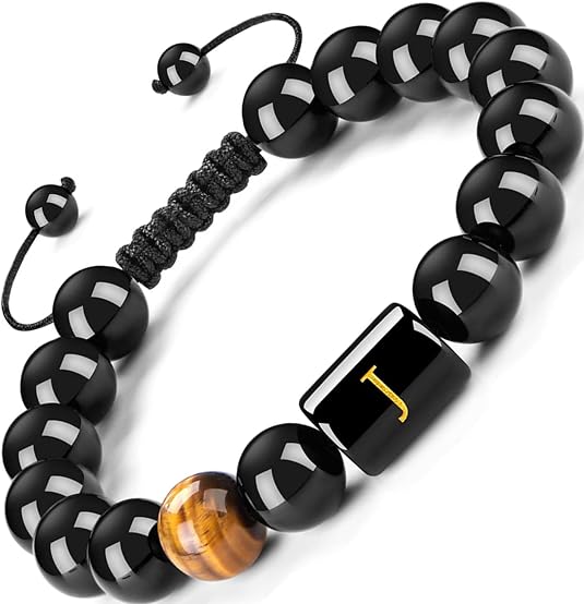 Men's Personalized Initial Bracelet, Black Onyx Tiger Eye Beads with Braided Rope