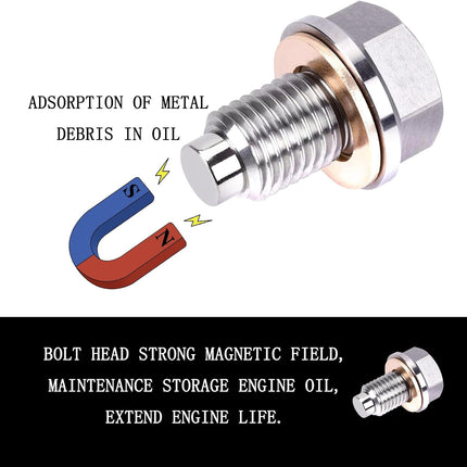 M14x1.5 Magnetic Oil Drain Plug with 5 Copper Washers, Leak-Proof Bolt for Cars