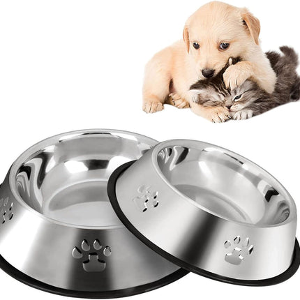 2 Stainless Steel Pet Bowls – Shallow Cat & Dog Feeding Bowls with Non-Slip Base