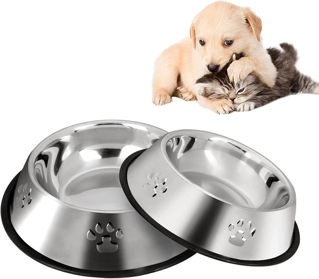 2 Stainless Steel Pet Bowls – Shallow Cat & Dog Feeding Bowls with Non-Slip Base