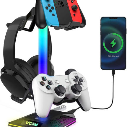 RGB Gaming Headset Stand with 2 USB Ports 10 Light Modes Non Slip Base Black