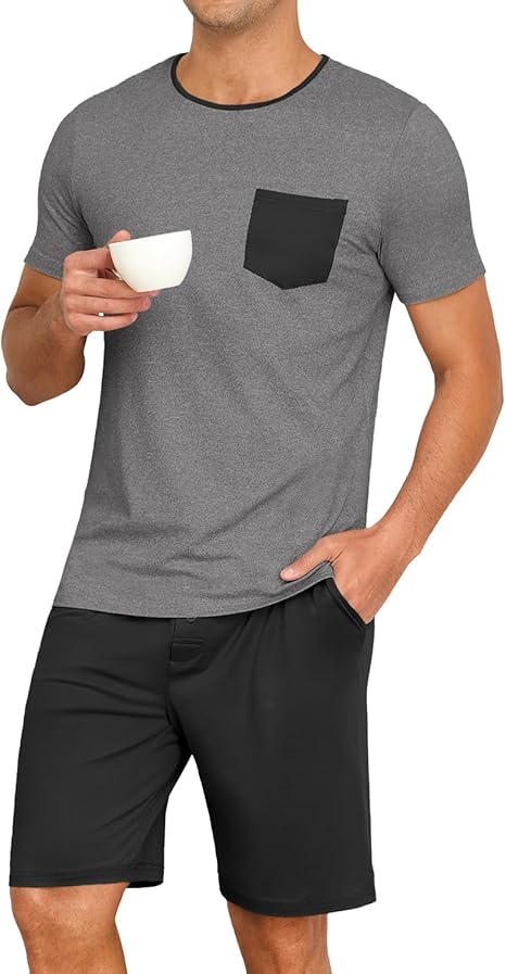 Men’s Summer Pajama Set Short Sleeve Shirt & Shorts Lightweight Sleepwear
