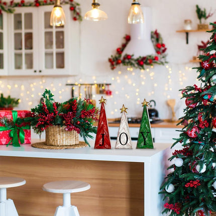 3pcs Wooden Christmas Trees – Farmhouse Decor with Gold Stars for Tabletop Display