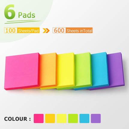 3x3 Inch Sticky Notes – 6 Pack, 100 Sheets Each, Bright Colors, 600 Total