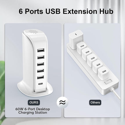 Upoy Multi-Device Charging Station – 5 USB + 1 USB-C Fast Charger Tower for Apple & Android