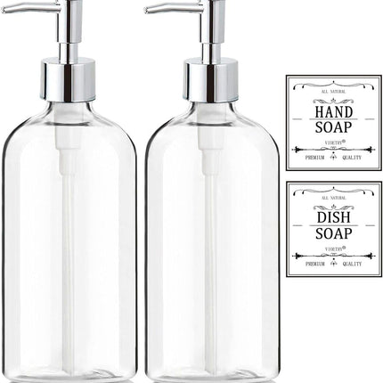 2-Pack Clear Soap Dispenser 16oz, Rustproof Pump, Waterproof Labels, Kitchen Bath