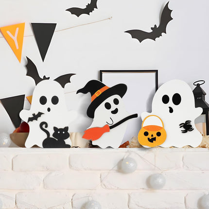 3-Piece Halloween Wooden Table Decor, Ghost, Black Cat, Bat & Witch Broom Signs