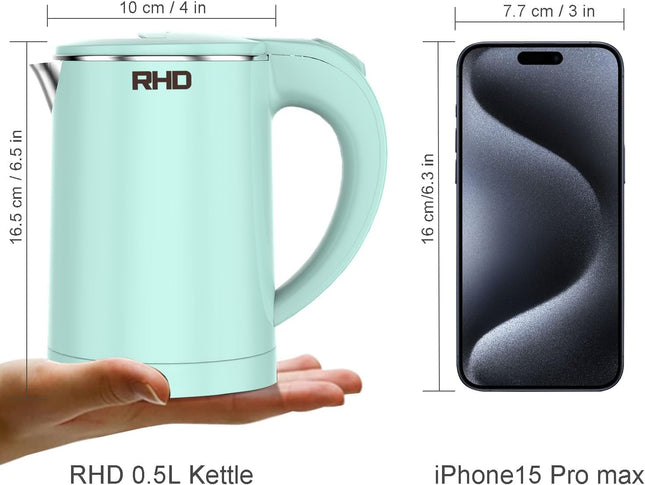 Small Travel Kettle – 0.5L, Auto Shut-Off, Boil-Dry Protection, Green