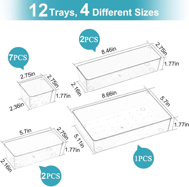 12 Pack Clear Drawer Organizers, 4 Sizes Storage Trays for Kitchen & Desk