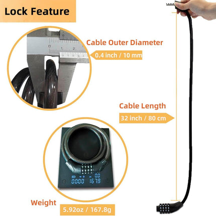 32in 4-Digit Combination Bike Lock, 10mm PVC-Coated Steel Cable for Bikes & Scooters