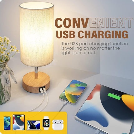 Bedside Touch Table Lamp with USB – 3-Way Dimmable, Wood Base