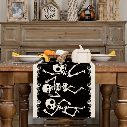 Halloween Skeleton Table Runner 13x72in, Funny Dancing Skeleton Dining Table Decor