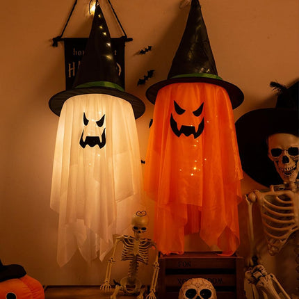2-Pack 38in Hanging Lighted Ghosts with Witch Hats, LED Indoor Outdoor Halloween Decor