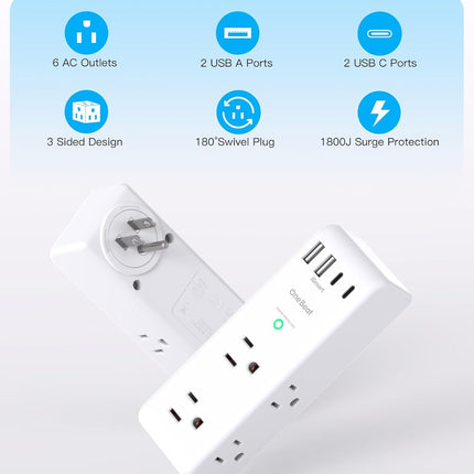 Surge Protector Outlet Extender – 6 AC Outlets, 4 USB (2 USB-C), Rotating Plug