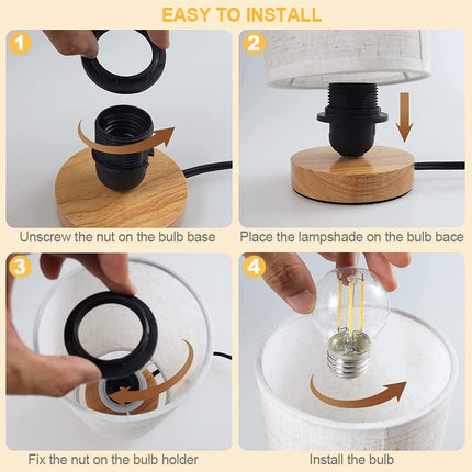 Minimalist Wood Base Lamp with Round Fabric Shade for Bedroom, Dorm, or Nursery