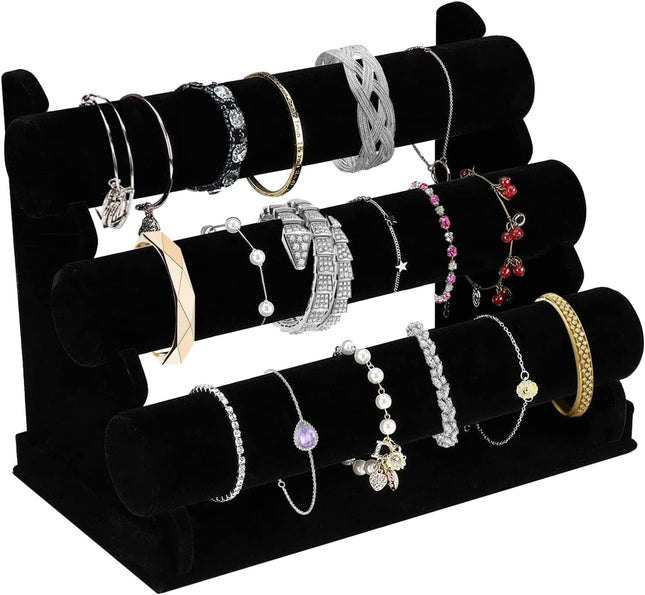 Velvet Bracelet Holder 3 Tier Jewelry Stand Black T Bar Organizer