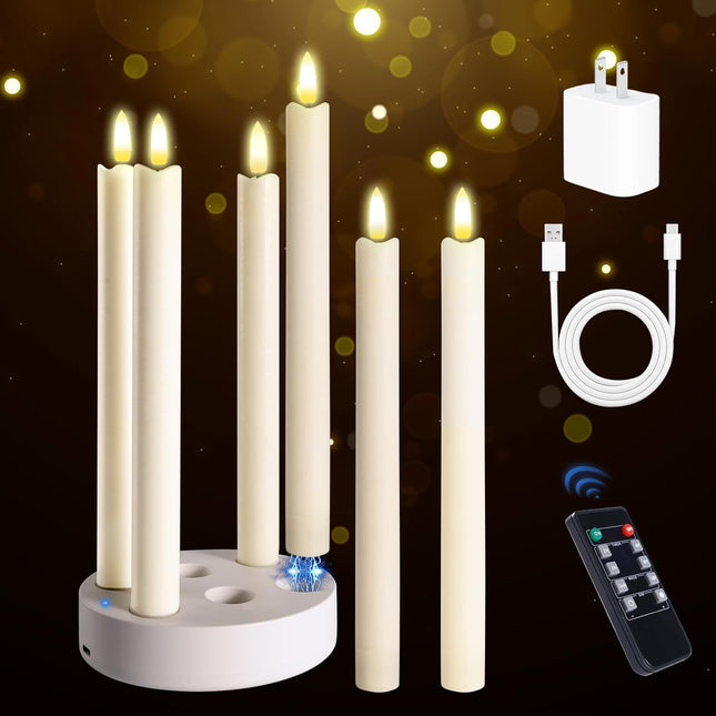 6pcs Rechargeable Flameless Taper Candles Real Wax LED with Remote & Timer