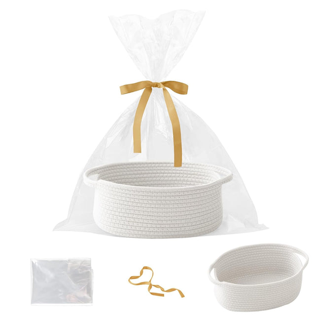 Small White Woven Rope Basket with Handles, Bag & Ribbons for Gifts