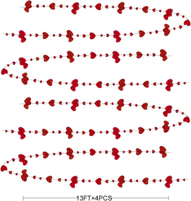 52Ft Valentine’s Day Heart Garland: Metallic Glitter Hanging Streamer Banner for Parties