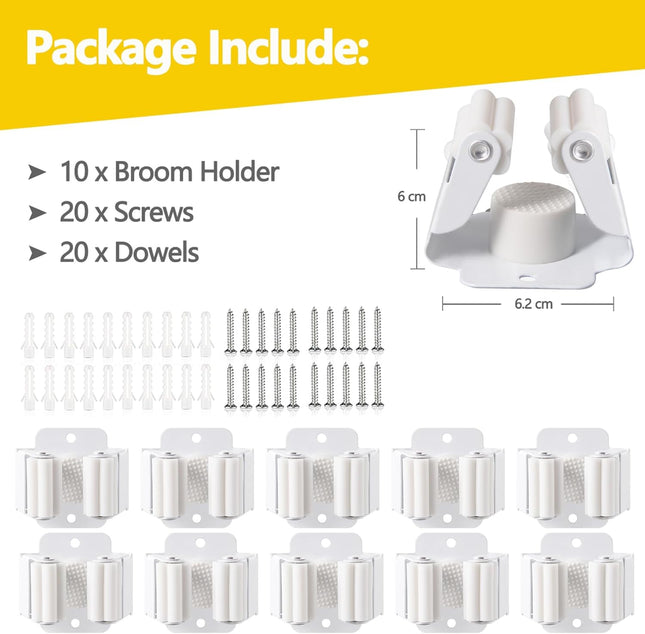 10-Pack Broom & Mop Holder – Wall Mount Stainless Steel Organizer for Home & Garage (White)