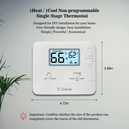 Digital Non-Programmable Thermostat for 1 Heat/1 Cool Systems, Energy-Saving