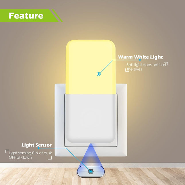 6-Pack Plug-in Night Lights – Warm White LED, Smart Dusk-to-Dawn Sensor